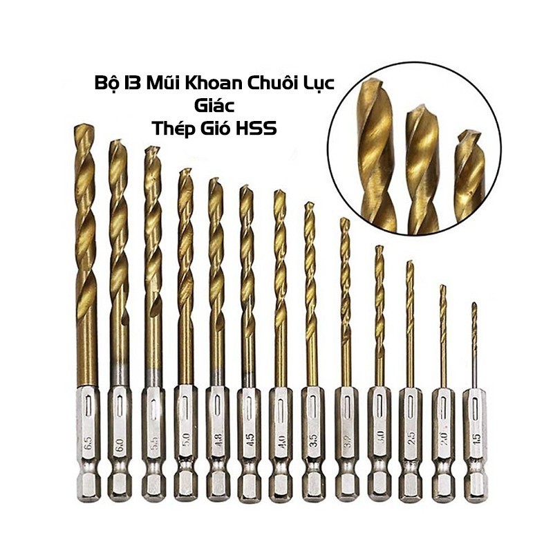 Bộ 13 Mũi Khoan Thép Gió HSS Titanium Chuôi Lục Giác Dễ Dàng Thay Đổi Kích Thước 1,5 - 6.5mm