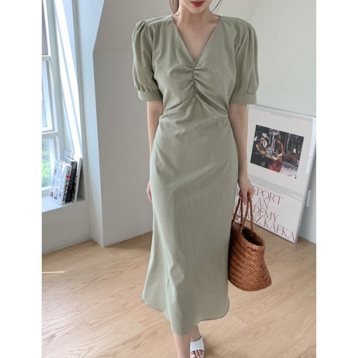 Đầm tay ngắn cổ chữ V thắt dây eo phong cách thanh lịch thời trang cho nữ 44032