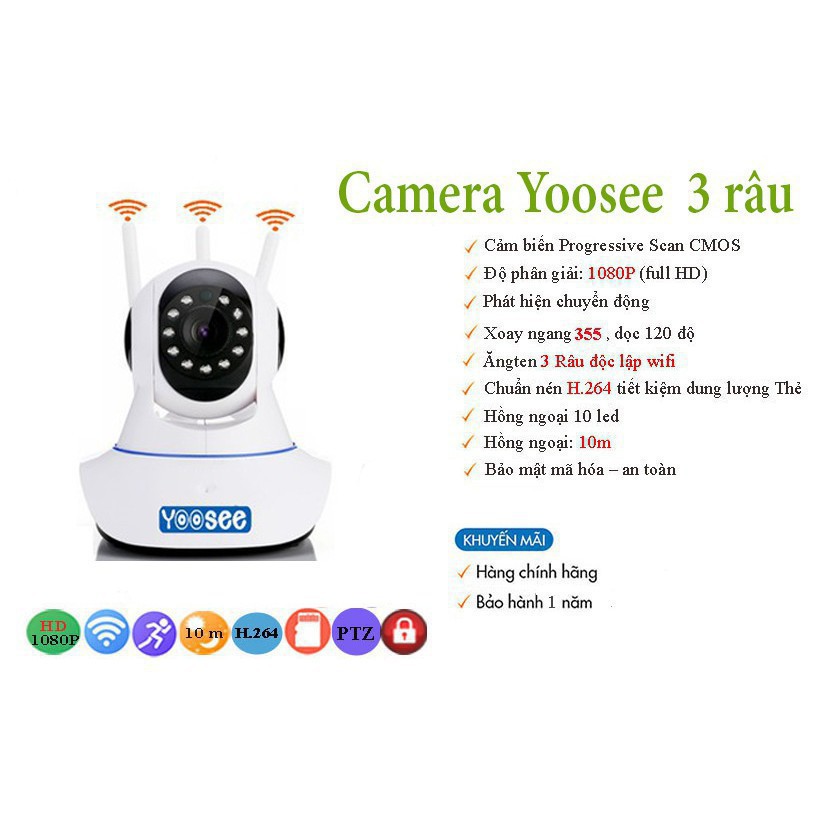 [FREESHIP] camera wifi Yoosee HD720P, camera wifi 3 anten siêu nét 2020 hỗ trợ thẻ nhớ -Pkphuonghoang