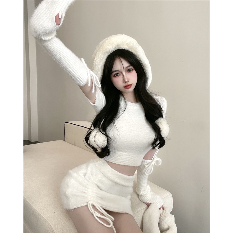 Set áo croptop tay ngắn kèm bao dài lông ấm thu đông noel giáng sinh len + váy ôm lưng cao dây rút cột ulzzang trắng kem