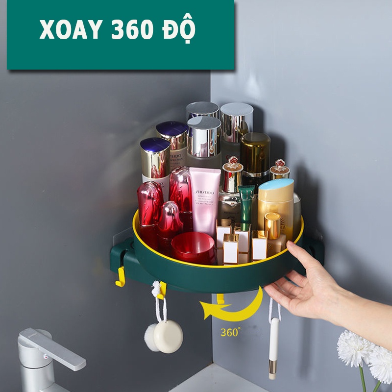 Kệ góc để mỹ phẩm nhà tắm, gia vị nhà bếp dán tường xoay 360 nhựa PP cao cấp