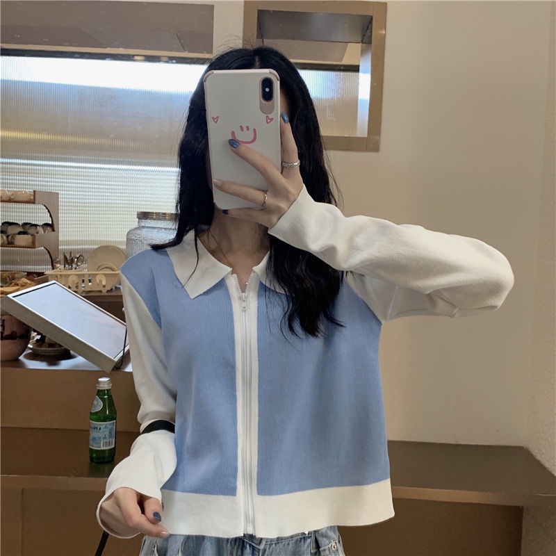 Áo Khoác cardigan Dệt Kim Tay Dài Có Khóa Kéo Màu Sắc Tương Phản Phong Cách Hàn Quốc Thời Trang Cho