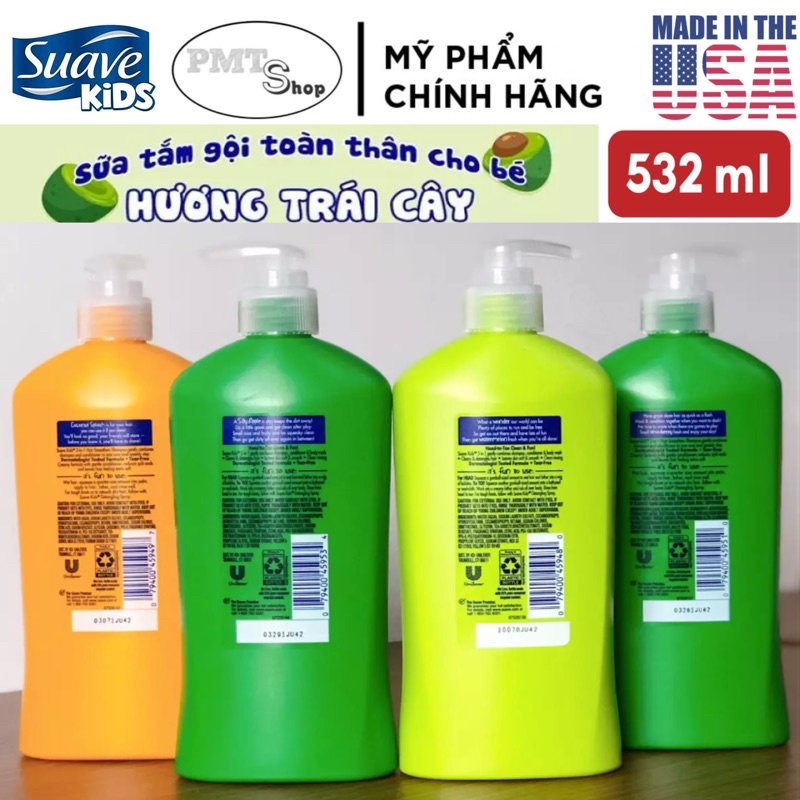 Sữa tắm gội toàn thân 3in1 cho Bé Suave Kids chai vòi 532ml Táo, Dưa hấu, Dâu, Dừa không cay mắt