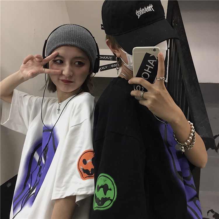 Áo Thun Tay Ngắn Dáng Rộng In Hình Mặt Cười Phong Cách Hip-Hop