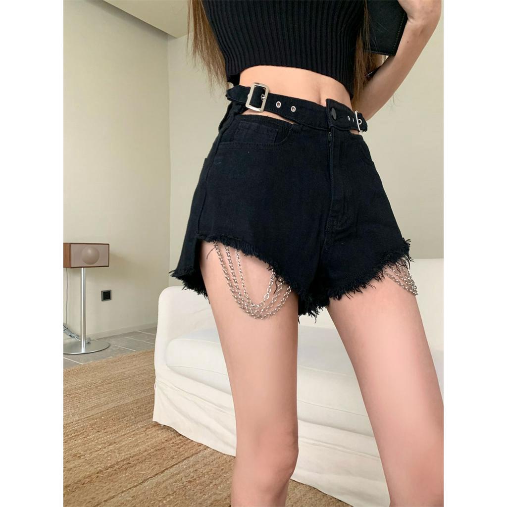 QADCOL Bộ Áo Dệt Kim Cổ Cao + Quần Short denim Màu Đen Lưng Cao Kiểu Vintage Cá Tính
