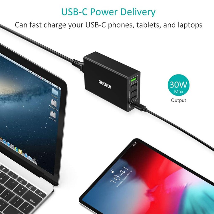 Củ sạc cắm tường CHOETECH 5 cổng USB C PD 60W cho MacBook/ iPad Pro