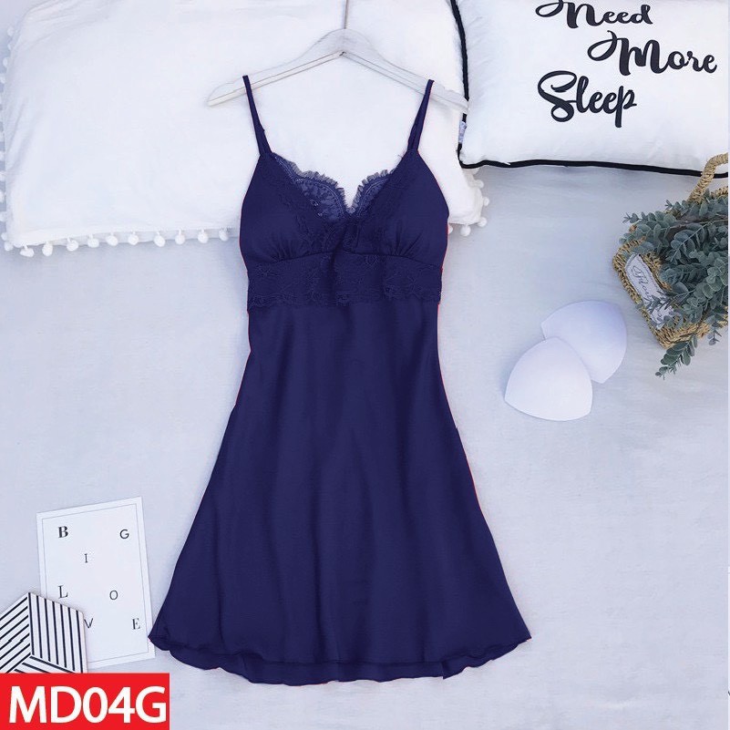 Đầm Ngủ Lụa Satin Cao Cấp Mặc Nhà Có Mút Ngực Đủ Size Dưới 65Kg Ren 18cm AD-04
