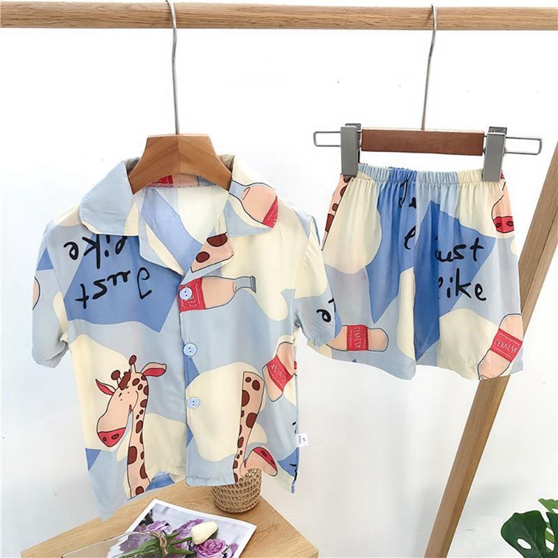 Set Áo Thun Ngắn Tay Cổ Tròn + Quần Short Pajamas Cho Bé Trai Gái