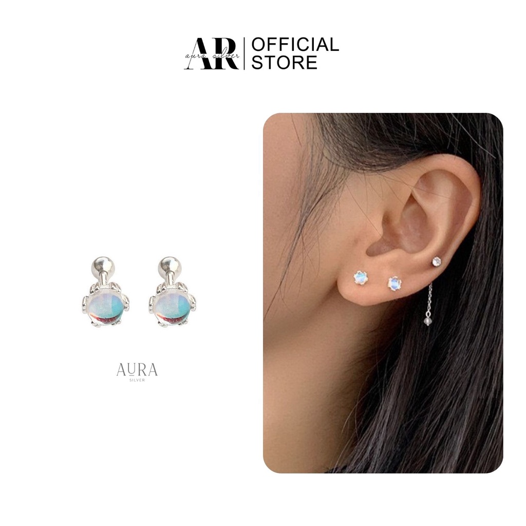 Bông tai bạc nữ khuyên tai đá tròn mặt trăng Moon Stone-KT50