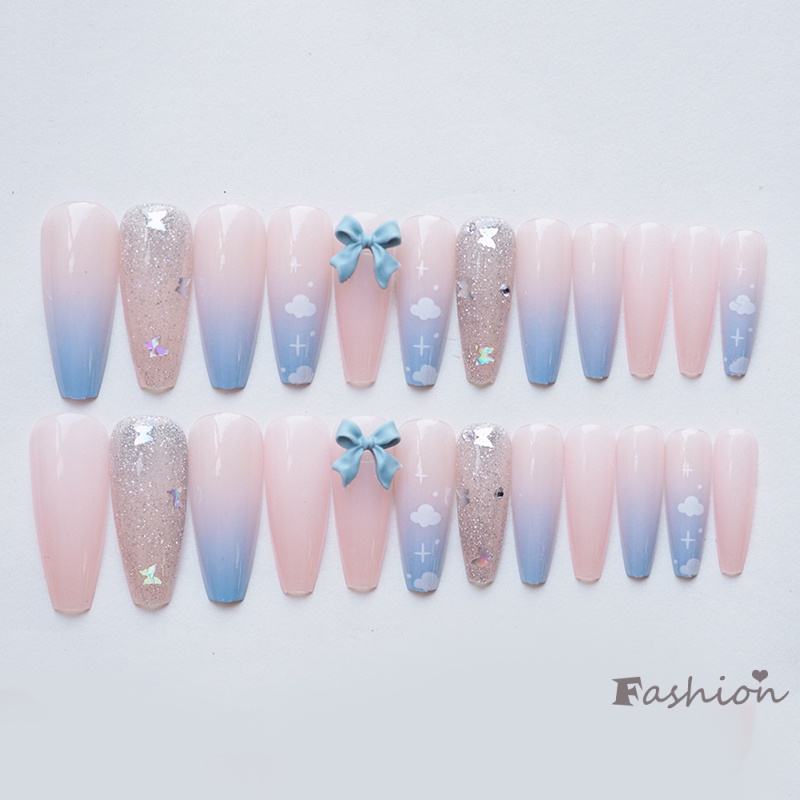 Set 24 Móng Tay Giả Màu Xanh Gradient Thời Trang Cá Tính
