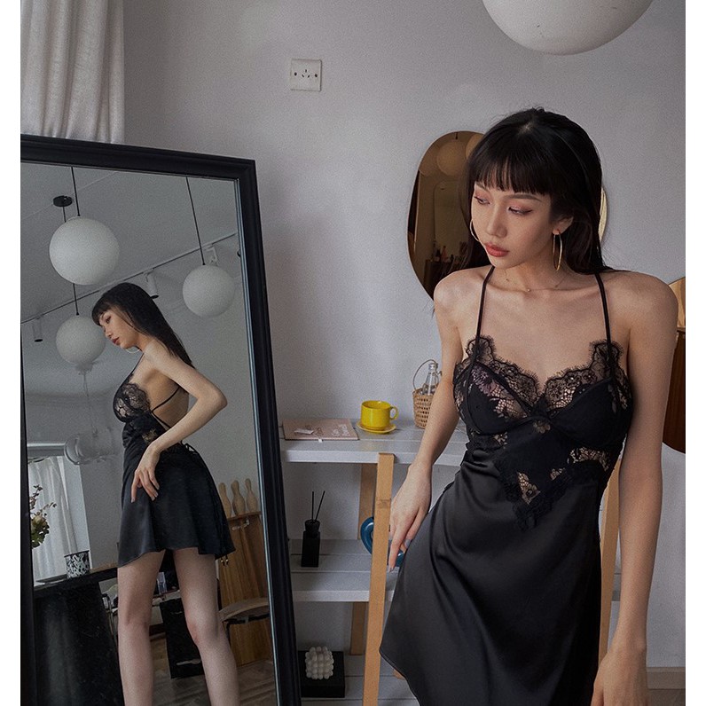 [Mã WASTUP giảm 10% tối đa 30K đơn 99K] Đầm ngủ lụa 2 dây ngực ren xuyên thấu | BigBuy360 - bigbuy360.vn