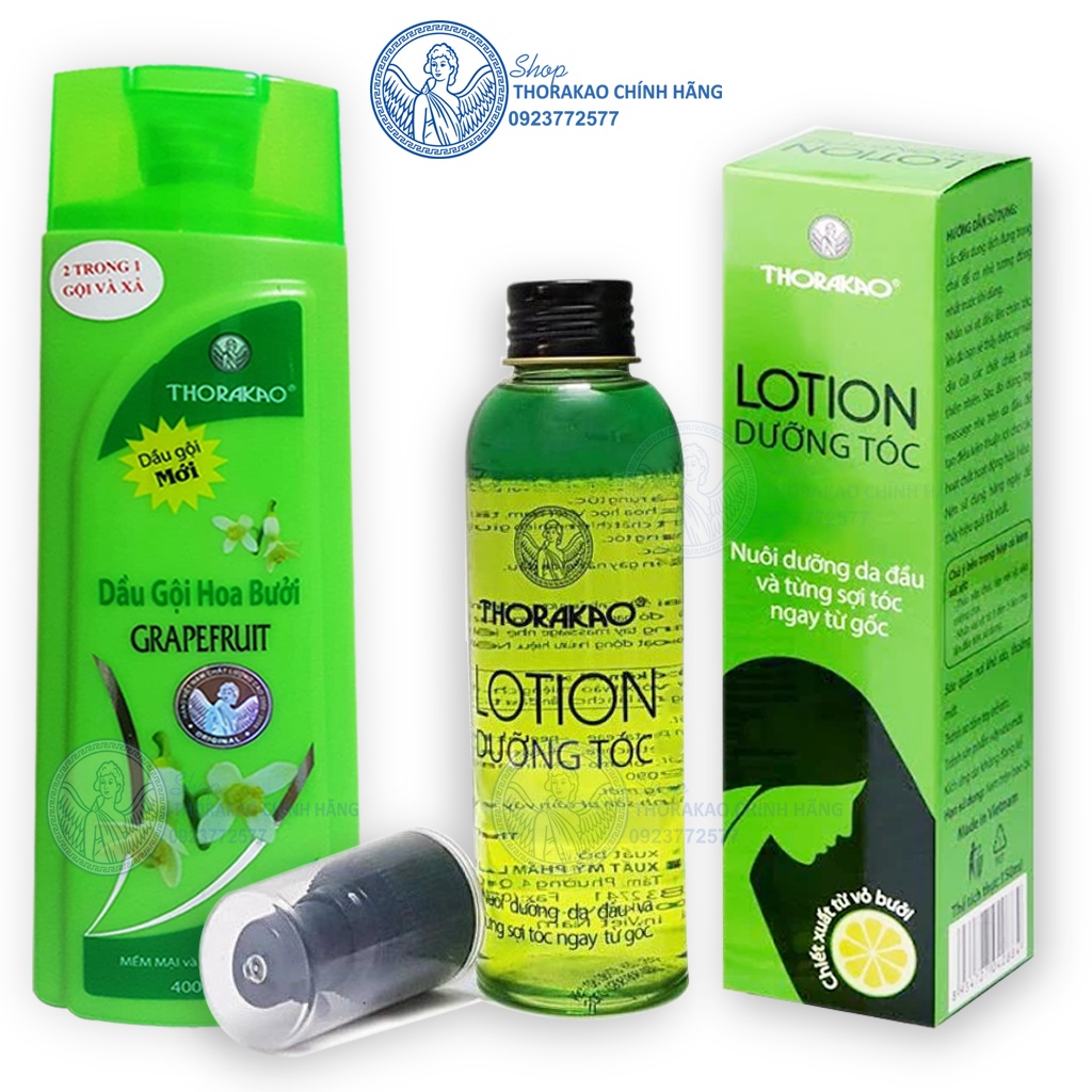 Combo Lotion Dưỡng Tóc Thorakao (Tinh dầu Bưởi 150ml, Dầu gội hoa bưởi 400ml) giảm rụng tóc, mọc tóc, mượt tóc