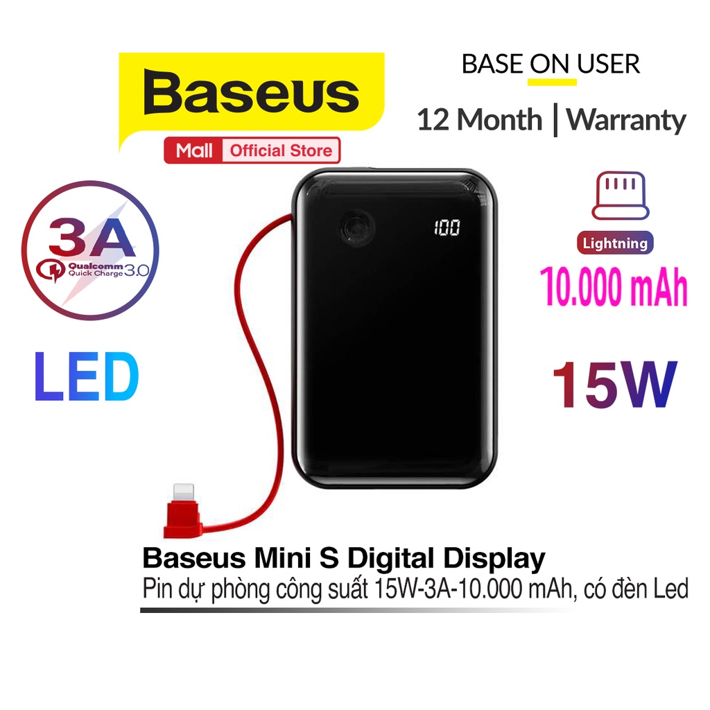 Pin sạc dự phòng Baseus Mini S Digital Display 15W-3A có đèn Led hiển thị kèm dây Lightning thich hợp cho iPhone/iPad...