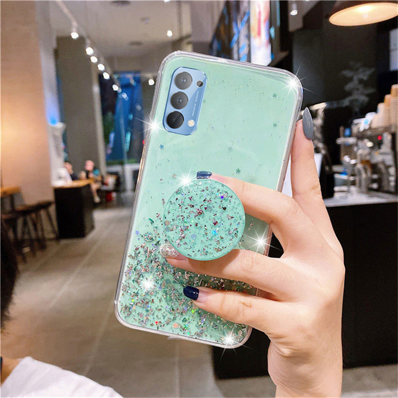 Glitter Bling Sequins Case Soft Silicone TPU Mirror Stand Holder Back Cover casing OPPO F9 F11 Pro A3S A5S Reno 3 4 5