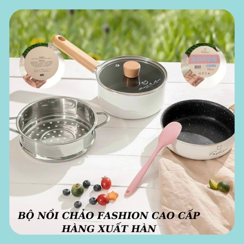 Bộ nồi chảo Fashion cao cấp xuất Hàn 16 cm kèm xửng hấp cho bé ăn dặm