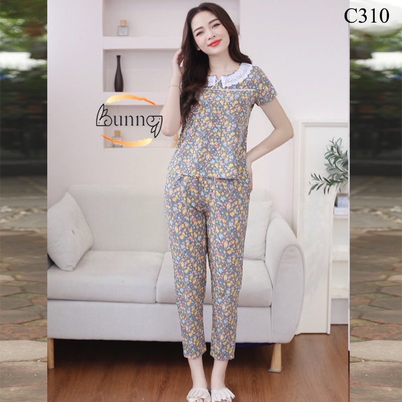[Bunny]QUẦN ÁO MẶC NHÀ TAY CỘC CHẤT LIỆU LỤA, MẶC NHÀ SAU SINH HỌA TIẾT HOA LÁ XINH FOM DÁNG ĐẸP
