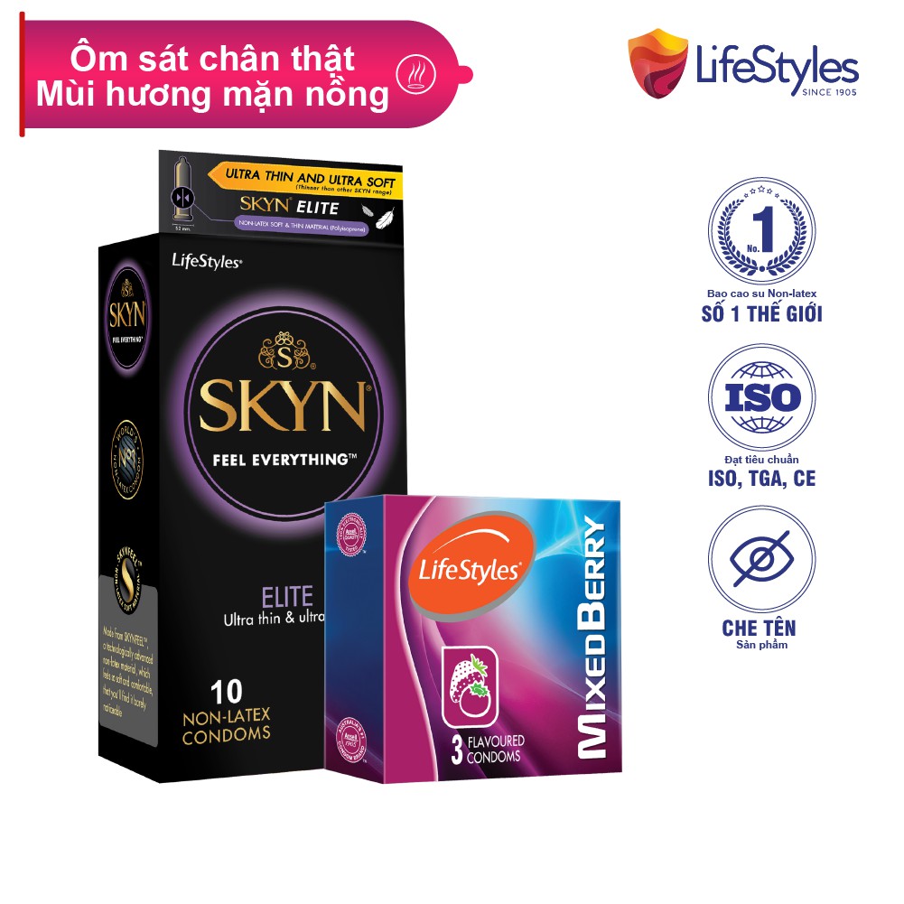 Combo Bao Cao Su SKYN Elite Non-latex 10 bao + 1 Hộp Bao Cao Su LifeStyles Mixed Berry 3 bao