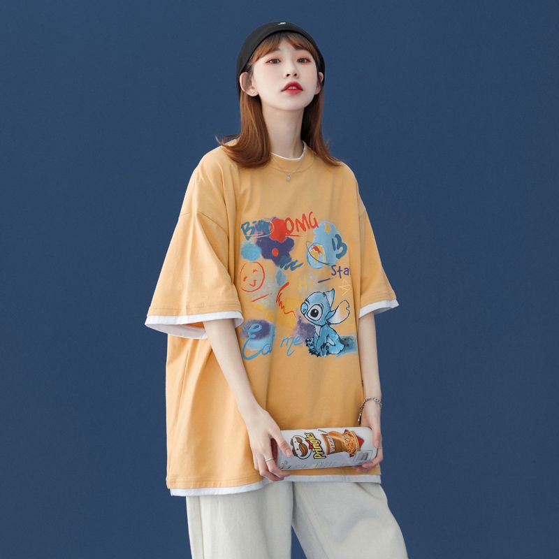 AMOI Áo Thun Ngắn Tay Cổ Tròn Giả Hai Lớp Thời Trang Cho Nữ