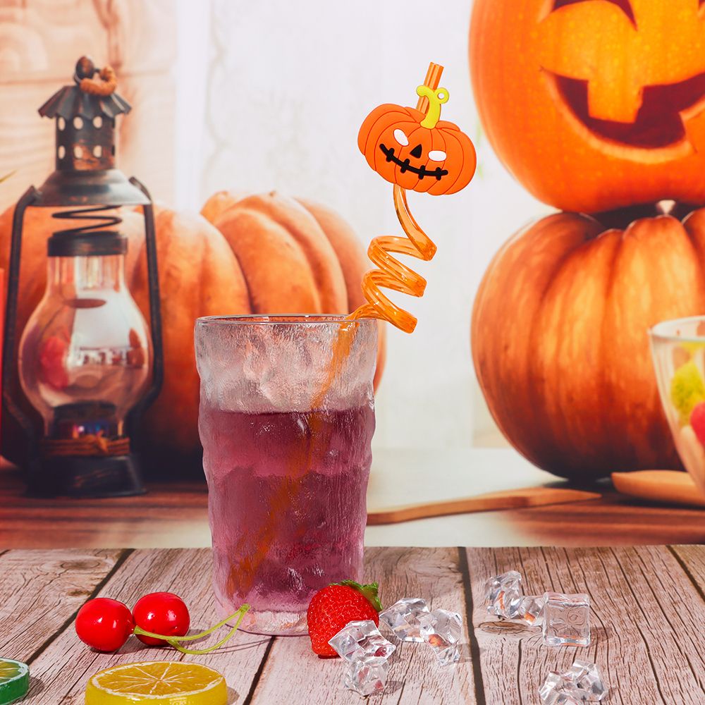 Set 8 Ống Hút Cong Hình Bí Ngô Ma Cà Rồng / Bí Ngô Độc Đáo Trang Trí Halloween Diy