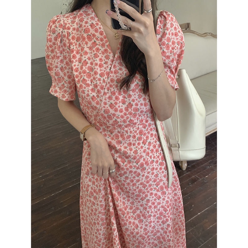 Đầm Hoa Hồng Nhấn Eo Phong Cách Pháp Thời Trang Mùa Hè Cho Nữ