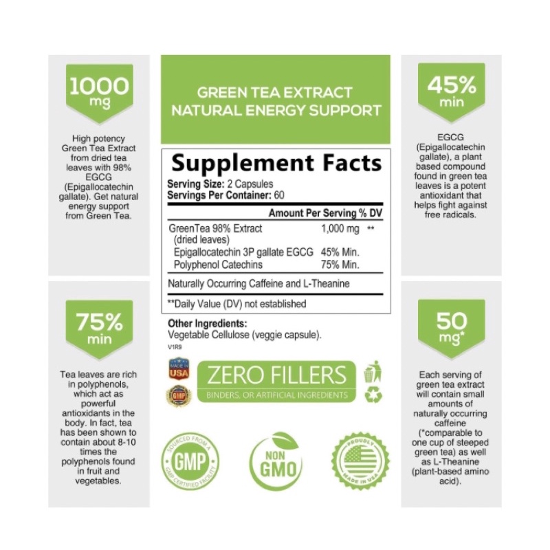 Viên uống trà xanh thuần chay cô đặc Nature's nutrition Green Tea Extract 98% Standardized EGCG 120viên USA