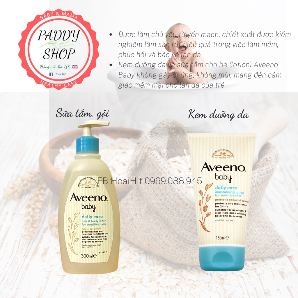 Sữa tắm gội và kem dưỡng cho bé Aveeno Baby dailycare Anh Quốc chiết xuất yến mạch