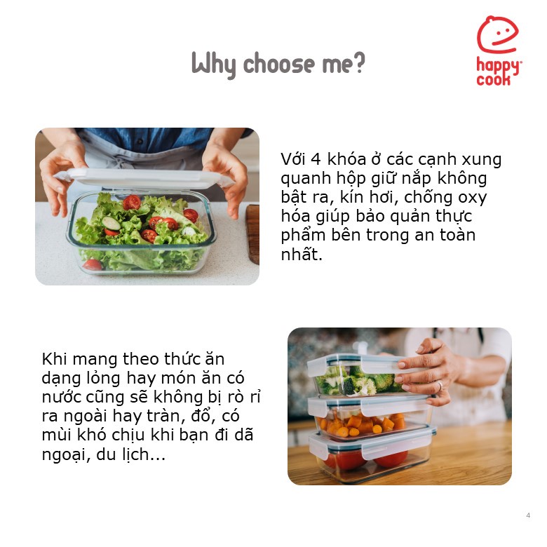 Bộ 3 Hộp Thủy Tinh Chữ Nhật Happy Cook 370ml + Túi Giữ Nhiệt HCG-03R
