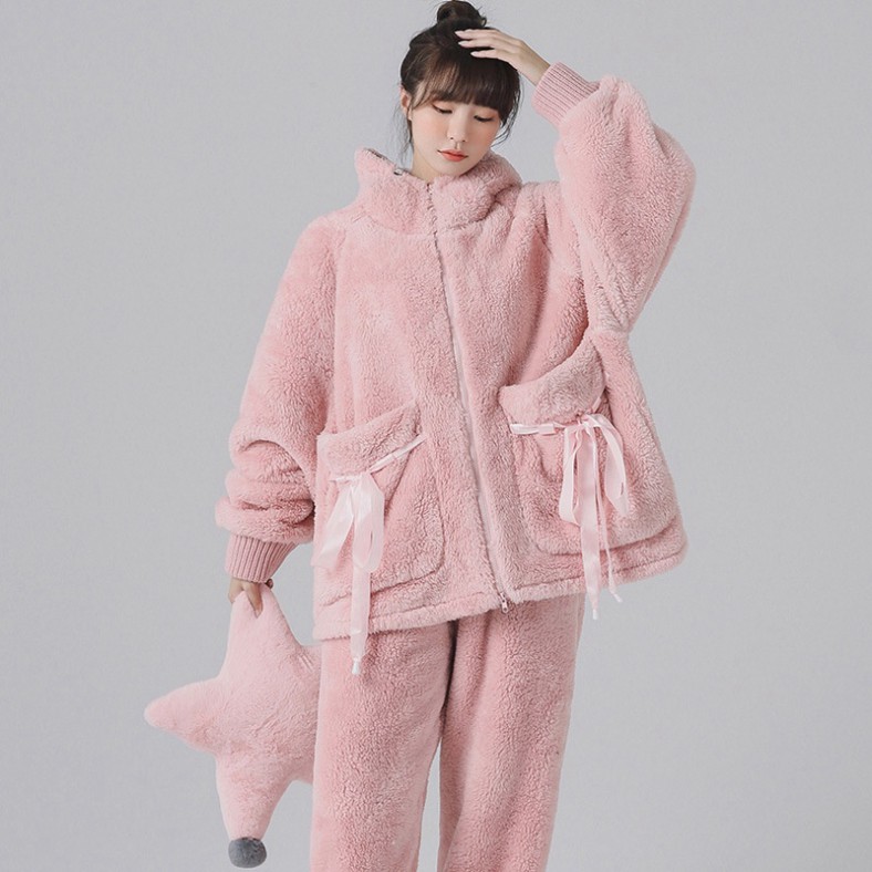 Bộ đồ ngủ lông cừu giữ nhiệt mùa đông túi thắt nơ dễ thương ,bộ mặc nhà nhung bông mềm mịn 2 màu hồng tím - Tjt Còi 1 | BigBuy360 - bigbuy360.vn