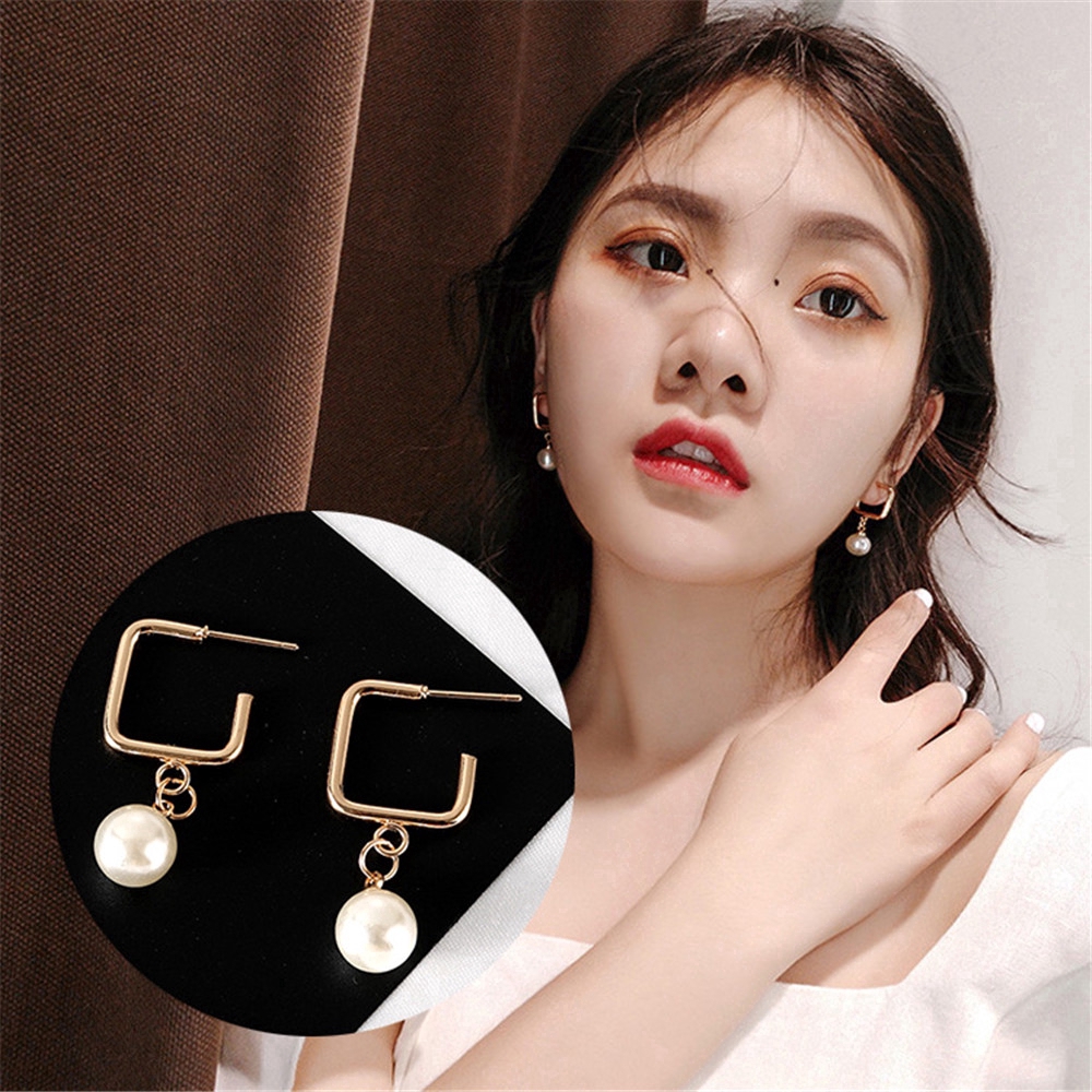 fashion woman delicate pearl Geometric gold earrings dangle drop ear stud jewelry