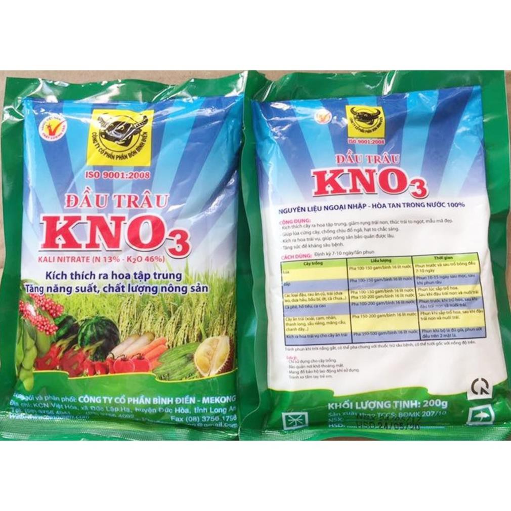 Phân bón Đầu Trâu KNO3 Kích thích cây ra hoa tập trung, giảm rụng trái non_gói 200g - HGM