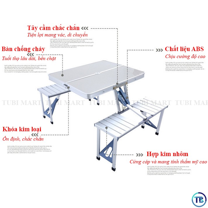 Bộ bàn ghế xếp gọn du lịch - Bàn liền 4 ghế gấp gọn nhôm siêu nhẹ - Bàn xếp dã ngoại, cắm trại, sinh hoạt ngoài trời