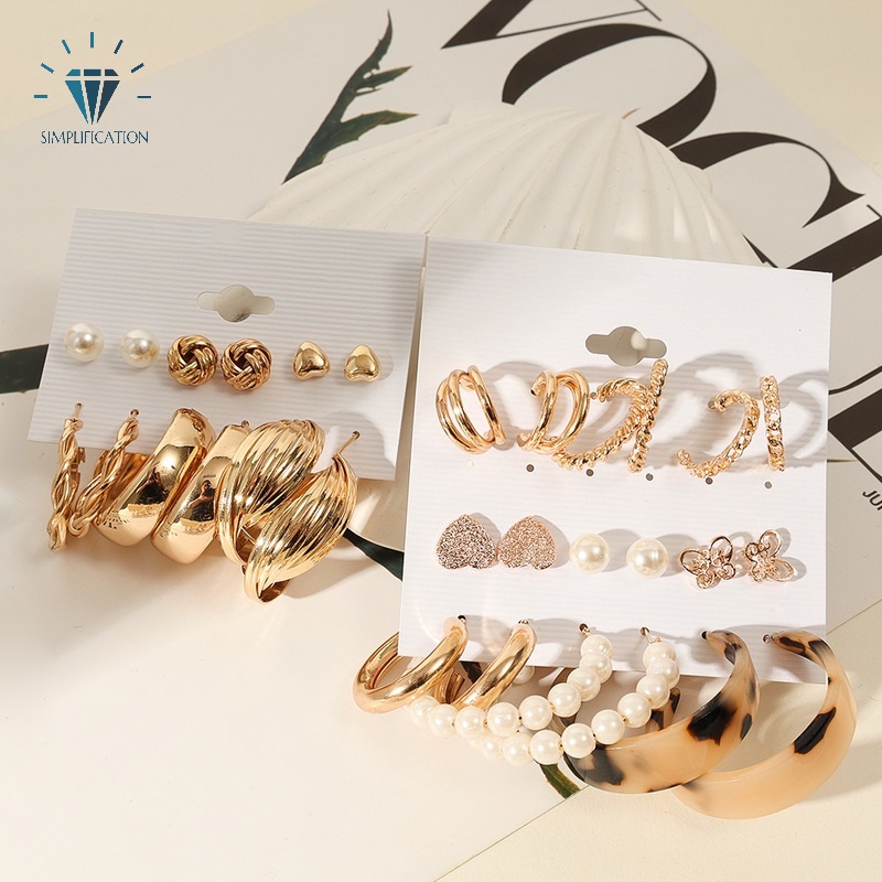 Bộ Khuyên Tai Tròn Phối Dây Xích Kim Loại Vàng Bạc Đính Ngọc Trai Nhân Tạo Thời Trang