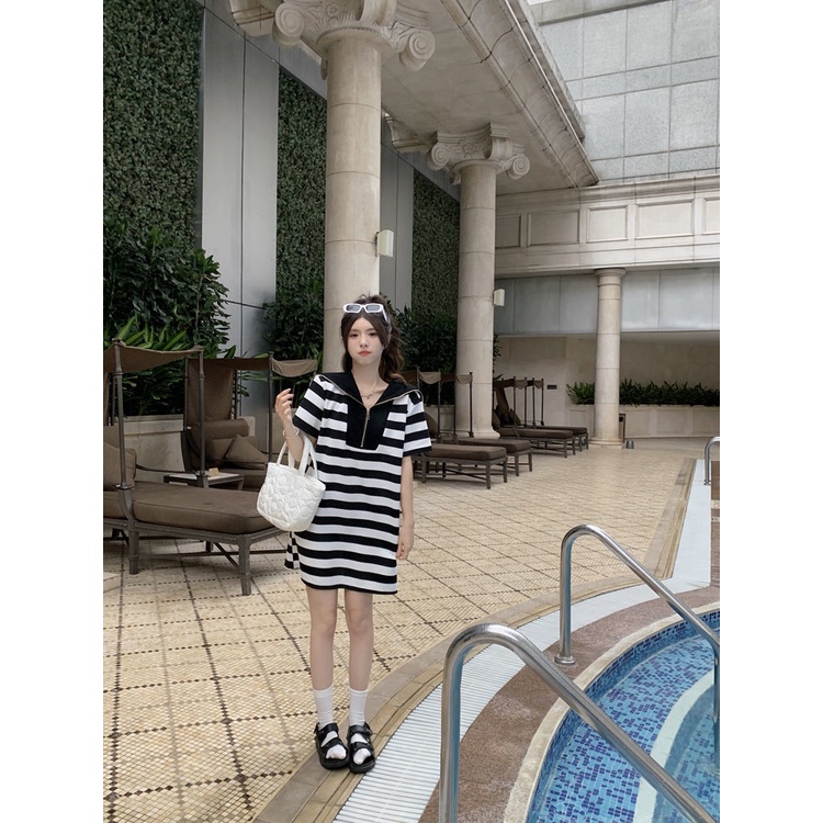 (MớI) Đầm NgắN In HọA TiếT Kẻ SọC Cho Nữ