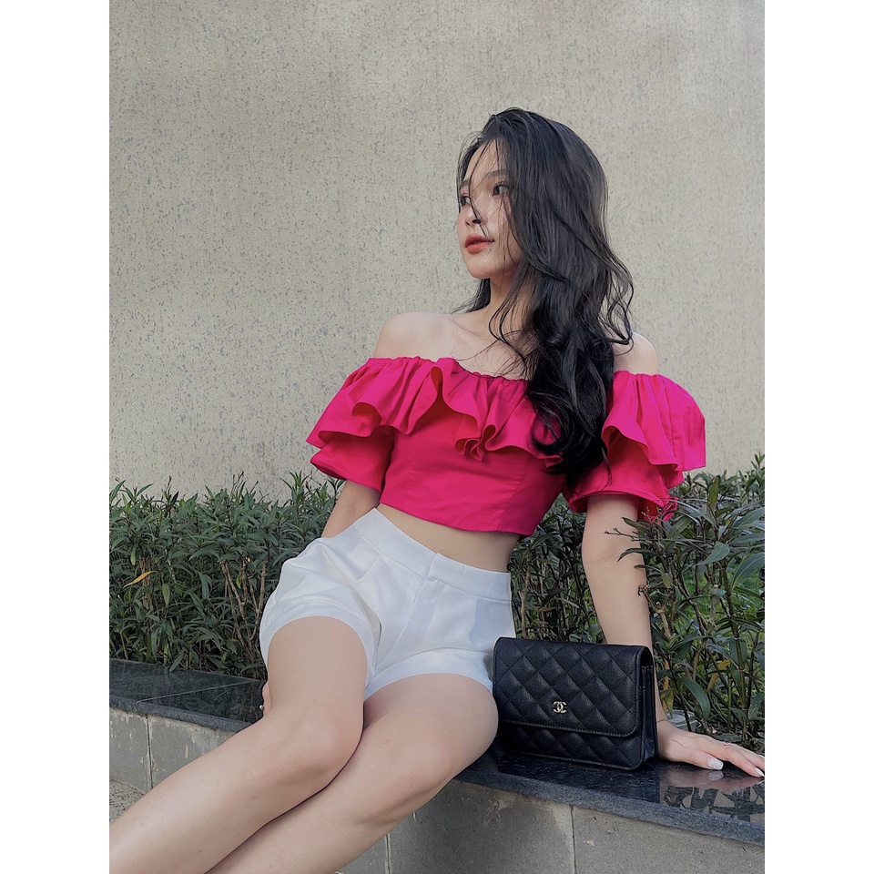Anis_ Áo croptop trễ vai bẹt vai bánh bèo hàn quốc có thun ngực Laphin Top