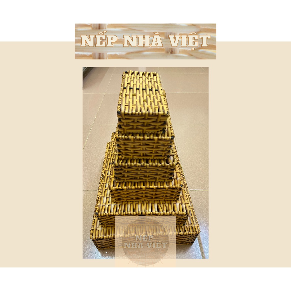 Khay Đựng Đồ Hình Chữ Nhật Tạo Hình Thủ Công Từ Dây Nhựa Kiểu Mây Tre Đan Bền Đẹp