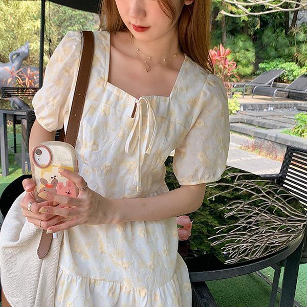 Váy Cổ Vuông Tay Phồng Mô hình nơ Thời trang Đại học Phong cách đại học Hàn Quốc Váy công chúa dài giữa