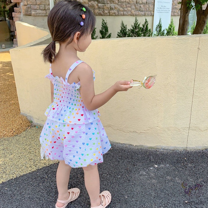 Set Đồ Mùa Hè 2 Món Gồm Áo Thun In Hình Trái Tim + Quần Ngắn Thời Trang Hàn Quốc Cho Bé Gái