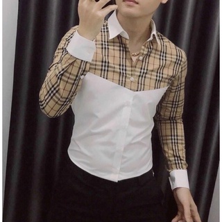 Áo sơ mi nam dài tay phối sọc burberry from body vải kate lụa mềm mịn