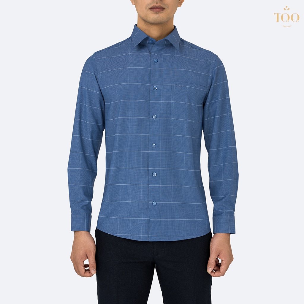 Áo sơ mi nam dài tay TQQ dáng Slim fit công sở ôm nhẹ K143CS-CSB xanh biển kẻ trắng nhã nhặn lịch sự