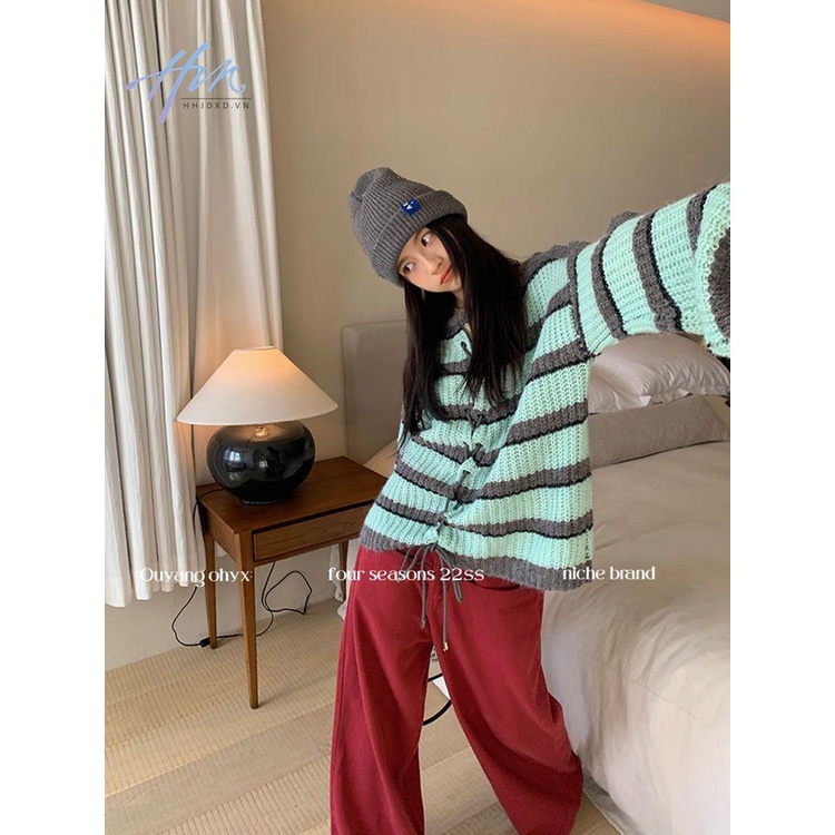 Áo Sweater Dệt Kim Kẻ Sọc Dáng Rộng Thời Trang Mùa Thu Cho Nữ