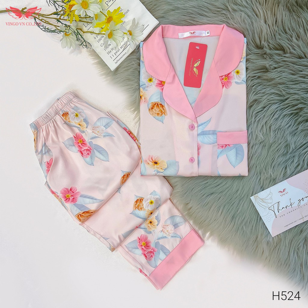 Bộ Đồ Mặc Nhà Pyjama Nữ VINGO Chất Liệu Lụa Pháp Cao Cấp Tay Cộc Quần Dài Họa Tiết Hoa Hồng Thanh Lịch H524 VNGO - TCQD | BigBuy360 - bigbuy360.vn