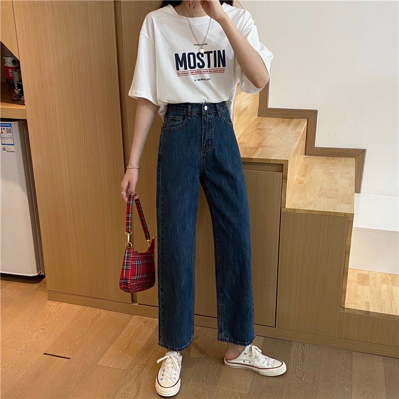 IELGY Quần Jean Nữ Lưng Cao Màu Tối Tôn Dáng Phong Cách Hàn Quốc Dễ Phối Đồ