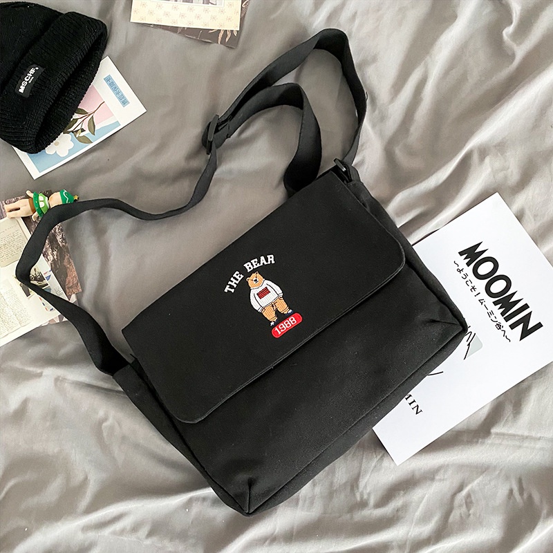 Túi Đeo Vai Vải Canvas Thêu Họa Tiết Gấu Hoạt Hình Phong Cách Cổ Điển Thời Trang Cho Nữ