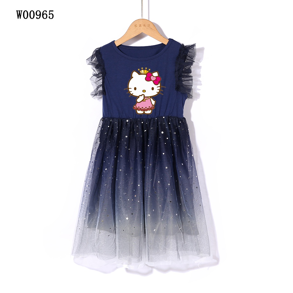 Đầm Công Chúa Hình Mèo kitty Phối Lưới Xinh Xắn Cho Bé Gái
