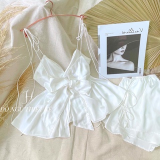 SET NGỦ LỤA NƠ XANH TRẮNG