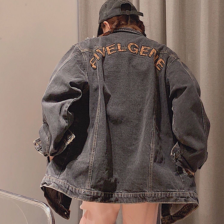 Áo Khoác Denim Màu Đen Dáng Rộng In Họa Tiết Da Báo Phong Cách Hàn Quốc Cho Nữ