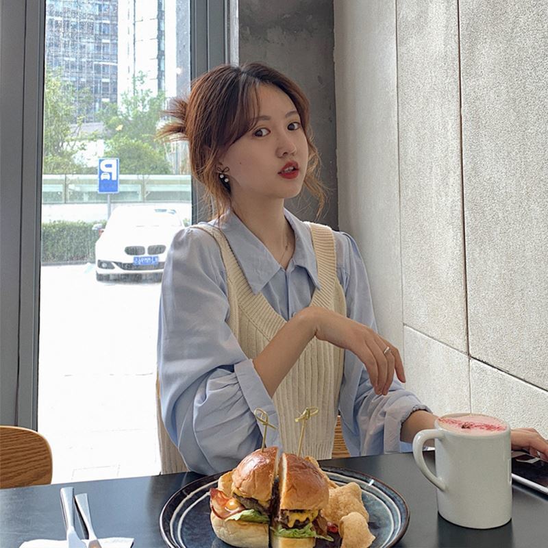 Set áo sơ mi dài tay cổ bẻ + áo len không tay thời trang nữ