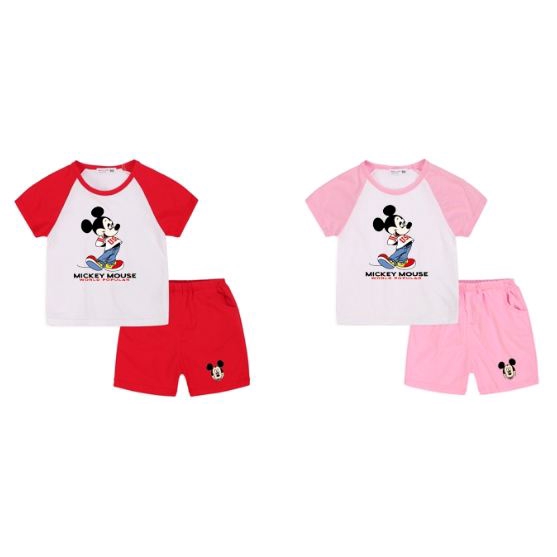 Set Áo Thun Tay Ngắn 100% Cotton 6 Màu In Hình Chuột Mickey &amp; Quần Dài Cho Bé