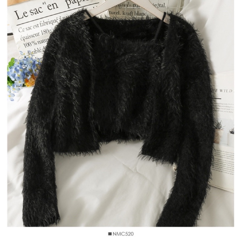 Set áo khoác len & áo 2 dây, 4 màu be, , đen, xanh, hồng