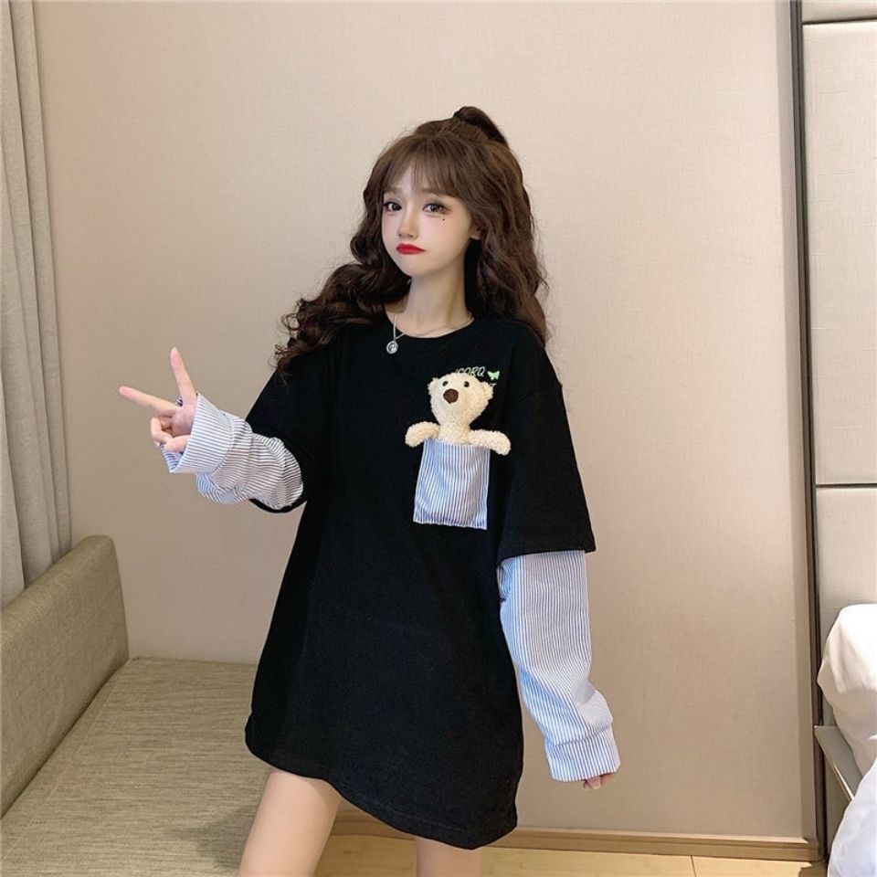 Áo Thun Tay Dài Giả Hai Lớp In Hình Gấu Thời Trang Mùa Xuân 2022 Plus Size Cho Nữ